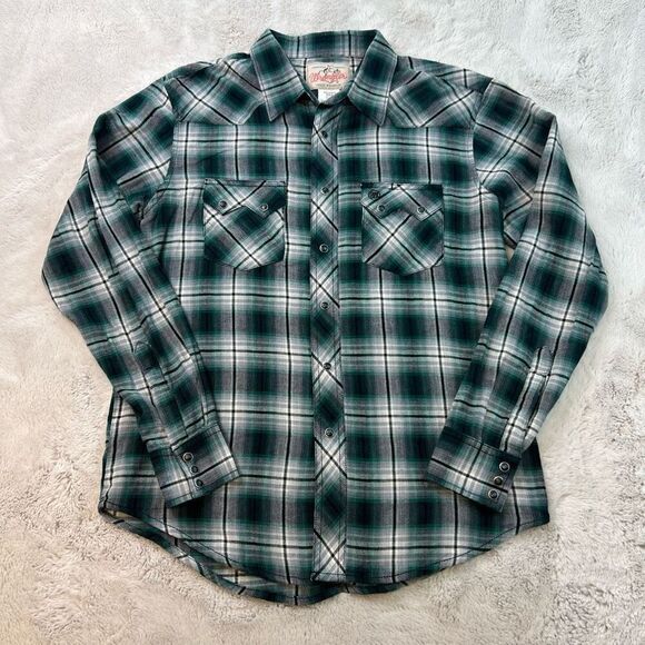 Vintage Wrangler Shirt Mens Medium Plaid Flannel Pearl Snap Western 90s Cotton - Picture 2 of 10